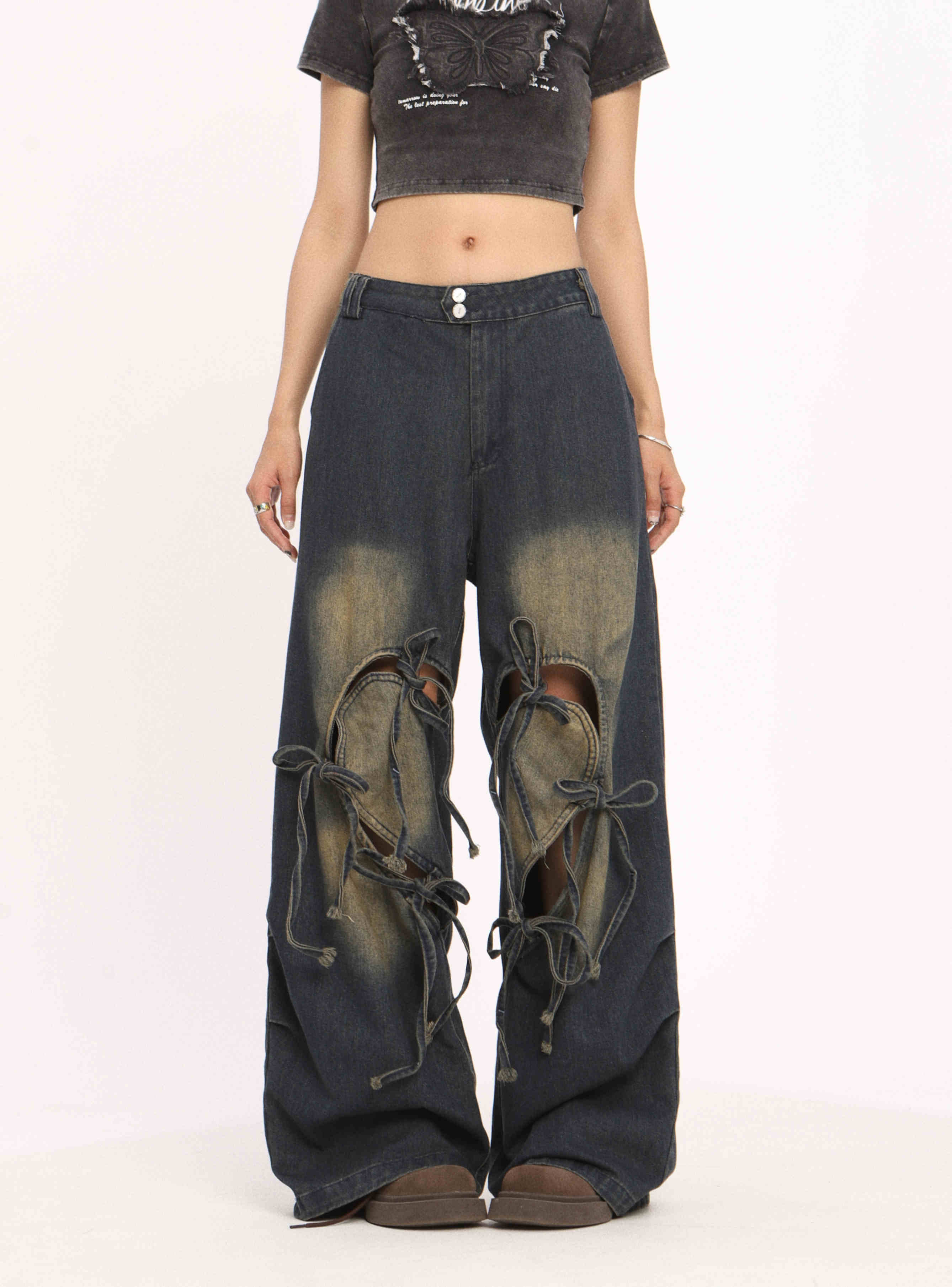 Ripped Lace Up Jeans