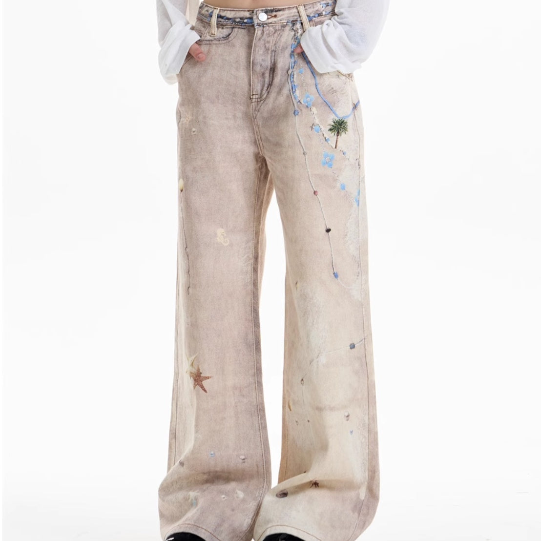 Retro Print Worn Jeans