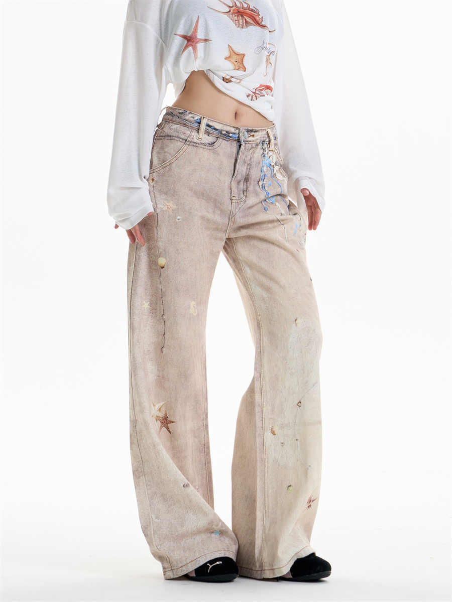 Retro Print Worn Jeans