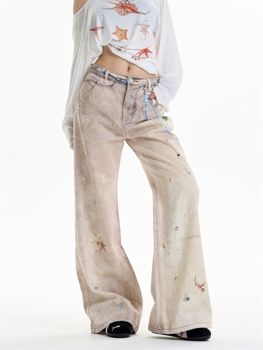 Retro Print Worn Jeans