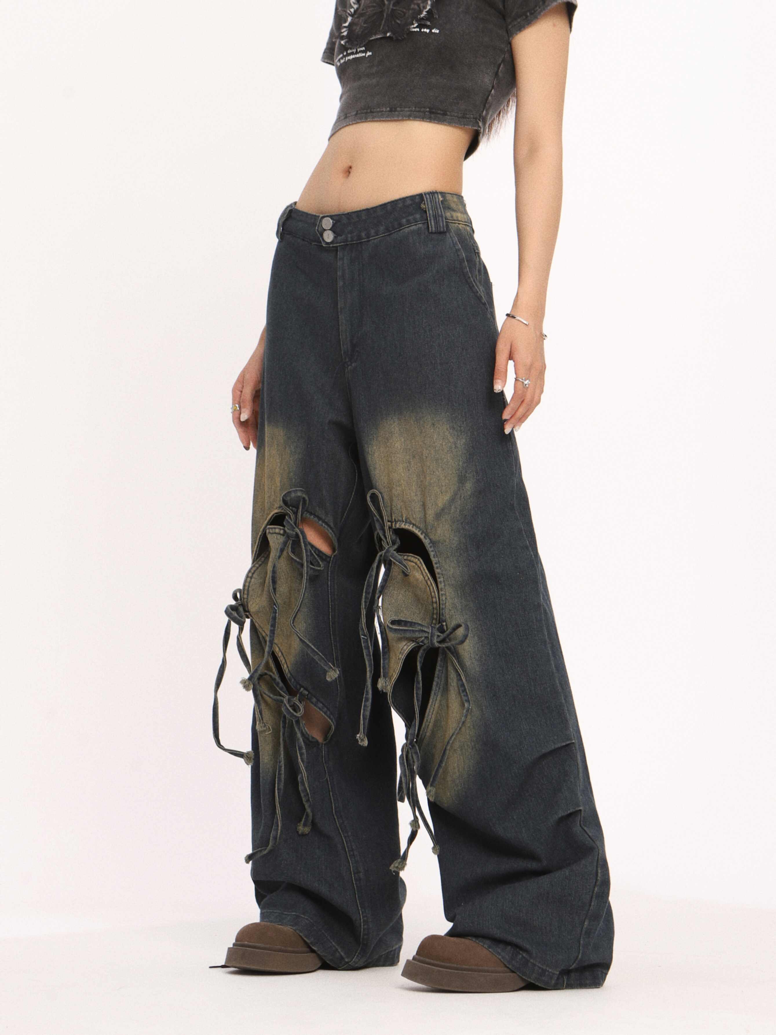 Ripped Lace Up Jeans